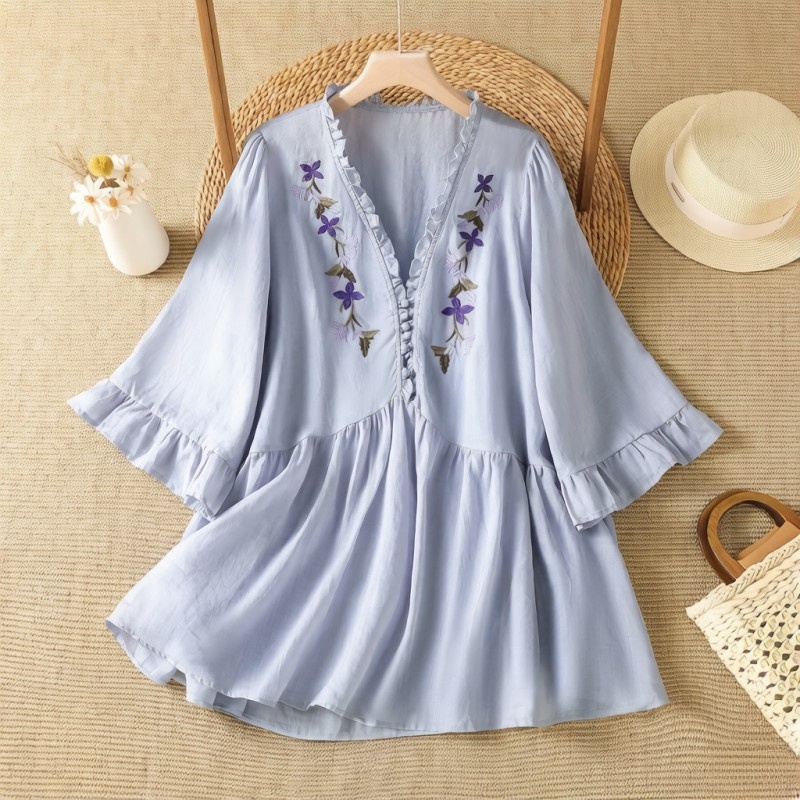 Elegant Purple Floral Embroide - Embroidery Cotton Shirt recension och pris