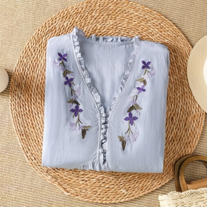 Elegant Purple Floral Embroide - Embroidery Cotton Shirt recension och pris