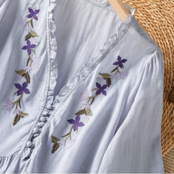 Elegant Purple Floral Embroide - Embroidery Cotton Shirt recension och pris